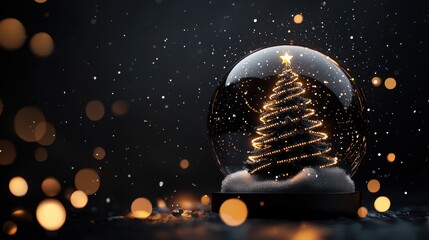 Poster - Dramatic Holiday Ornament Featuring Glowing Christmas Tree in Snow Globe with Warm Bokeh Background