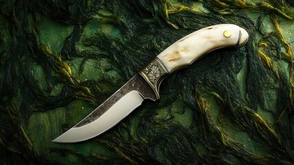 Poster - A single hunting knife sits on a green textured surface