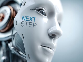 Poster - A futuristic robotic face with the words 