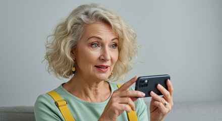 Poster - Woman holds smartphone in hand watching video content at home. Mature woman looks at the screen of her mobile phone