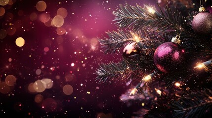 Poster - Festive Flat Lay of Christmas Fir Branches with Golden Ornaments and Bokeh Background for Holiday Celebrations