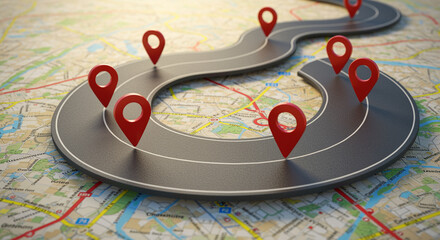 Poster - Map with Route Markers on Road Map for Navigation and Route Planning. Road map with red pointers showing the route on the road. Navigation map with destination pins