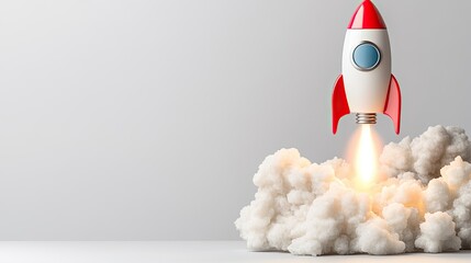 Poster - Rocket Launching from Clouds with Bright Flame in Minimalist Style