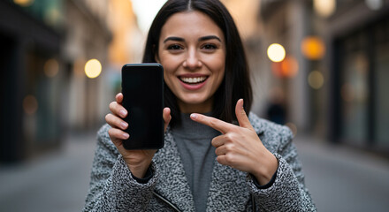 Poster - Smiling woman pointing finger at smartphone screen in hand outdoors. Woman showing mobile phone with blank screen for advertisement and application