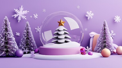 Poster - Whimsical Holiday Scene with Snow Globe Featuring Christmas Tree and Colorful Decorations on Purple Background