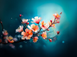Fototapete - Here's a description and keywords based on the provided image:

A delicate branch of flowering trees blooms against a dreamy teal background. Soft peach blossoms are in full bloom, hinting at new begi