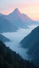 Wall Mural - Ethereal fog rolls in over a misty mountain range at dawn, mountains, scenery, natural