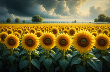 Poster - A field of sun-kissed blooms basks in the golden light of a partially cloudy sky, evoking warmth and serenity. The scene highlights a sunflower field under an overcast sky.
