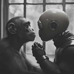 Poster - Futuristic digital photo of primate evolution into cybernetic organisms,showcasing transition from nature to advanced artificial intelligence,symbolizing technological progress,hybrid identity