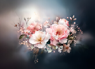 Fototapete - **Description:** A dreamy, floral arrangement with a soft light gradient background. Pink and white blossoms dominate, accented by delicate foliage. Hints of beauty bloom in this serene composition.