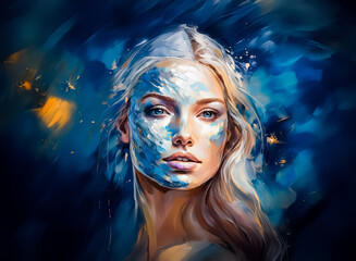 Aufkleber - Here's a description and keywords based on the image:

A portrait of a woman with long, flowing hair. Her face is adorned with abstract strokes of blue paint, creating a contrast against her fair skin