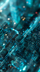 Poster - Abstract image of a futuristic city, depicted as glowing teal structures, suggesting technological advancement and innovation, ideal for tech or sci-fi concepts