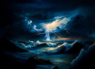 Poster - A dramatic seascape shows a stormy ocean under a cloudy sky, hints of powerful electrical discharge and turbulent water in the dark.