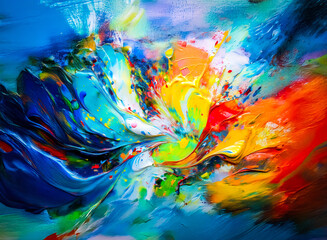 Aufkleber - A vibrant, abstract artwork bursting with color, showcasing a dynamic interplay of hues. The image features a central, flower-like form with bold strokes and textures.