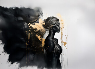 Poster - A striking profile of a figure in black and white, enhanced with golden accents. The artwork exudes elegance and mystery. The figure's long hair cascades behind them.