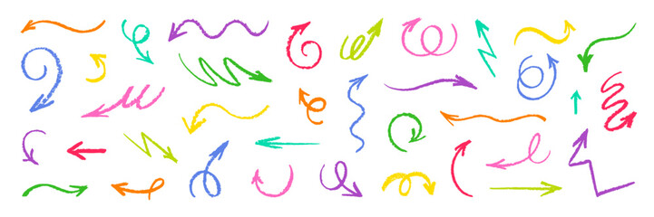 Aufkleber - Color crayon arrows. Brush, crayon, pencil line vector. Hand drawn pastel, marker shape element. Chalk arrow icon. Scribble design sketch bg. Abstract doodle kid color arrow set. Cute fun grunge bg