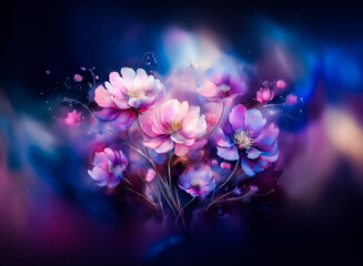 Fototapete - Image Description:
An ethereal floral arrangement blooms with vibrant hues. Delicate petals, hints of pink and purple, dance against a dark, dreamy background. The flowers evoke a sense of serenity an