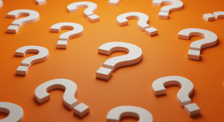 Fototapete - Question marks on orange background create a pattern with many white question marks creating a sense of inquiry and uncertainty