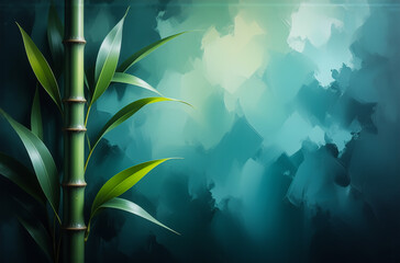 Fototapete - A serene image featuring vibrant green bamboo against an abstract, watercolor-like backdrop of blues, greens, and a hint of yellow. The natural elements evoke calmness.