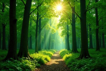 Wall Mural - Serene forest with tall trees and dappled sunlight filtering through leaves, sunlight, foliage, natural world