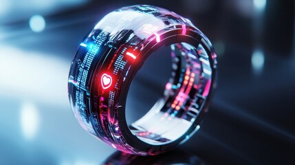 Poster - Futuristic smart ring device displays health metrics with lights on it