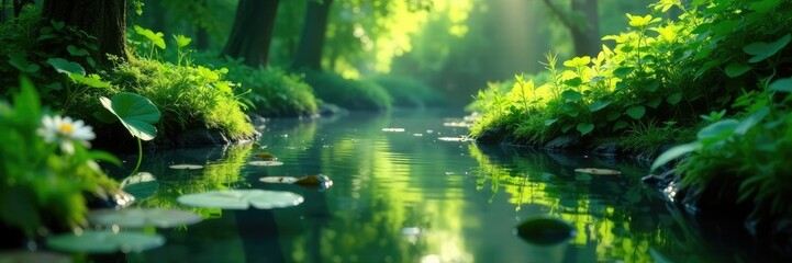 Wall Mural - Serene pond waters reflect lush green foliage, peaceful, calm