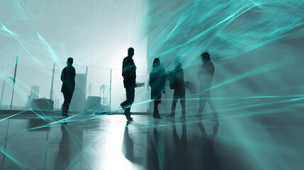 Poster - Silhouettes of business people walking in modern office, overlaid with teal light trails, suggesting movement, connection, and networking, ideal for corporate presentation