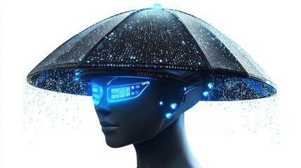 Poster - A futuristic person wearing protective headgear with digital rain