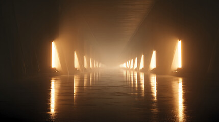 Long, dark corridor with warm, golden light emanating from rectangular windows, creating reflections on the wet floor. Showcase of symmetry, mystery, and futuristic architecture
