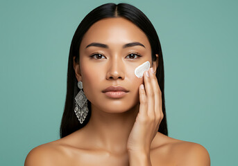 asian female adult skincare routine with eye patch and earrings on green background.
