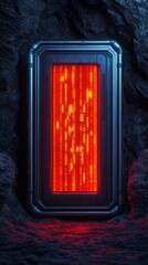 Poster - Futuristic Red LED Panel in a Dark Cave Digital Artwork Sci-Fi Environment Close-up Viewpoint Modern Concept