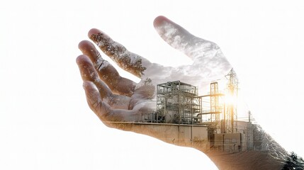 Poster - Double Exposure of Hand with Industrial Building and Landscape Details
