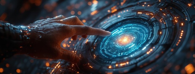 Poster - Futuristic Digital Interface with Hologram Technology AI Interaction Cyberpunk Art Style