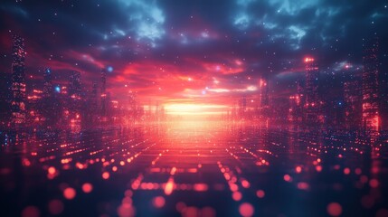 Aufkleber - Futuristic Digital Landscape with Cyberpunk Aesthetics and Geometric Elements