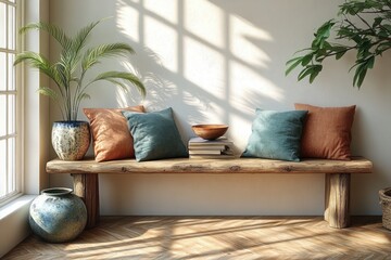 Aufkleber - Minimalist Scandinavian Interior with Wooden Console Table and Colorful Pillows