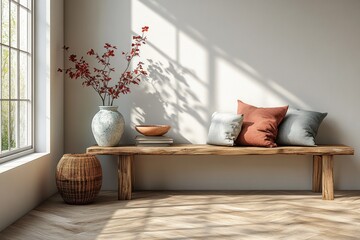 Poster - scandinavian minimalist console table with natural oak finish and decorative elements