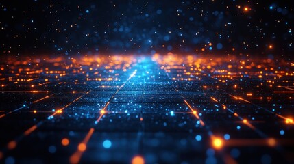 Poster - Futuristic Digital Landscape Cyberpunk Inspired Glowing Light Reflections Big Data Visualization