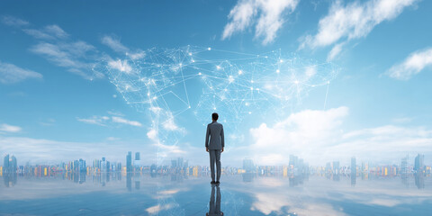 Poster - businessperson views cityscape and network graphic, symbolizing global connection and future opportu