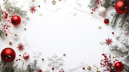 Poster - Festive Holiday Banner with Red Baubles and Frosted Decorations for Celebrating Seasonal Joy and Cheer