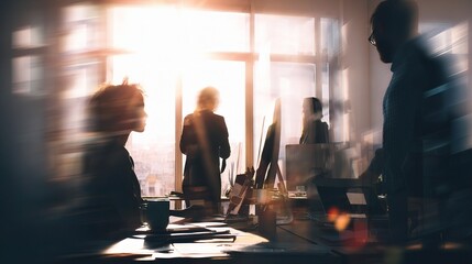 Poster - Backlit Businesspeople Collaborating in Modern Office Setting