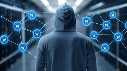 Aufkleber - faceless individual wearing dark hoodie stands server room, surrounded by digital connections
