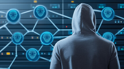Aufkleber - faceless individual in dark hoodie stands before digital network, evoking mystery and intrigue