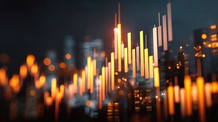 Poster - Double Exposure Financial Graph with Glowing Bars and Bokeh Effect