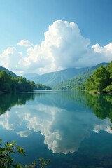 Wall Mural - Cloudy sky above a quiet lake with lush greenery, clouds, sky,