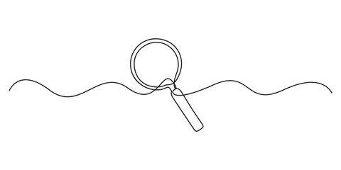 Poster - Magnifying glass in continuous single line drawing. Concept of Business analysis in simple outline style. Used for logo, emblem, web banner, presentation. Graphic illustration