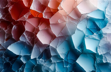 Aufkleber - Abstract textured surface displays a striking color gradient, shifting from warm reds and oranges to cool blues and whites. Polygonal shapes suggest a crystalline, fragmented aesthetic.