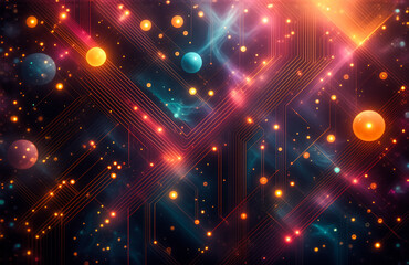 Aufkleber - A vibrant cosmic scene shows glowing planets and stars scattered across a dark space. Diagonal beams of light create a dynamic, abstract space illustration.