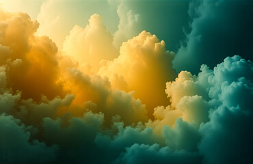 Aufkleber - Dramatic clouds fill the sky, illuminated by golden light. A gradient of color from warm yellow to cool turquoise creates a beautiful, atmospheric skyscape.