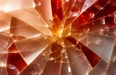 Poster - Fragmented surface of glass explodes with warm light, showcasing sharp edges and dynamic abstract patterns in orange, red, and yellow hues.