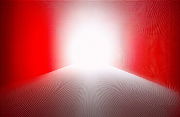 Poster - Bright light at the end of a dark tunnel or corridor.  A strong white glow emanates from the center, fading into a red surrounding.  Illuminating perspective.